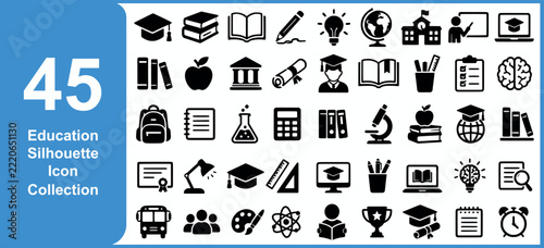 Education silhouette icon collection, school learning symbols, academic study elements