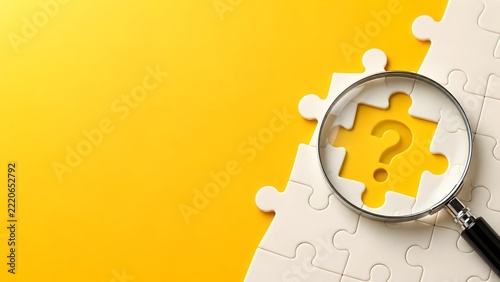 Magnifying glass focusing on a missing jigsaw puzzle piece revealing a question mark symbol on a bright yellow background, representing business strategy, problem solving, and curious discovery.