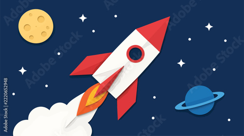Papercraft Rocket Launching into Outer Space with Moon and Planet, Concept of Innovation and Exploration