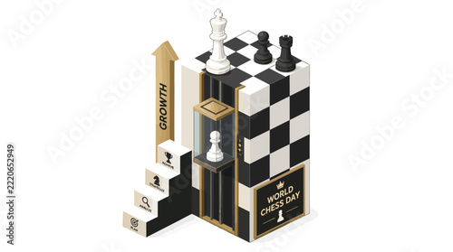 Strategic Business Growth Concept with Chess Pieces, Stairs, and Graph Icons Symbolizing Success and Planning