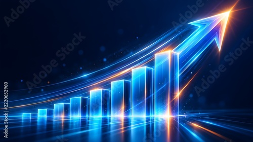 Conceptual 3D glowing blue and orange bar chart with a rising arrow symbolizing business growth, financial success, market increase, and future data analytics on a dark background.