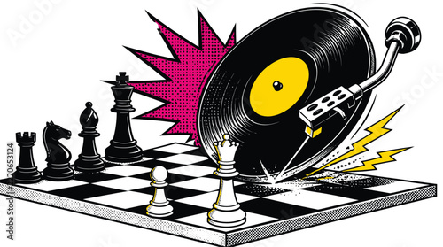 Strategic Chess Game with Vintage Vinyl Record Player and Sound Waves, Concept of Music Strategy and Competition