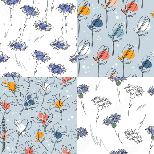 Set of seamless patterns featuring linear tulips, magnolias, and cornflowers. Doodle style. Endless texture for your designs, greeting cards