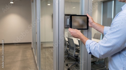 IT Technician Installing Wall Mounted Tablet Display Outside Glass Conference Room for Digital Meeting Room Scheduling and Modern Office Workspace Management