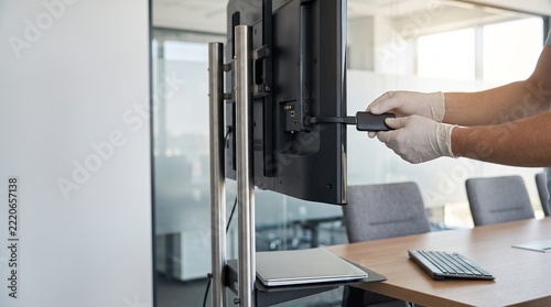 IT Technician Connecting HDMI Wireless Display Receiver to Large Monitor in Modern Corporate Conference Room During Audiovisual Equipment Installation and Meeting Room Setup