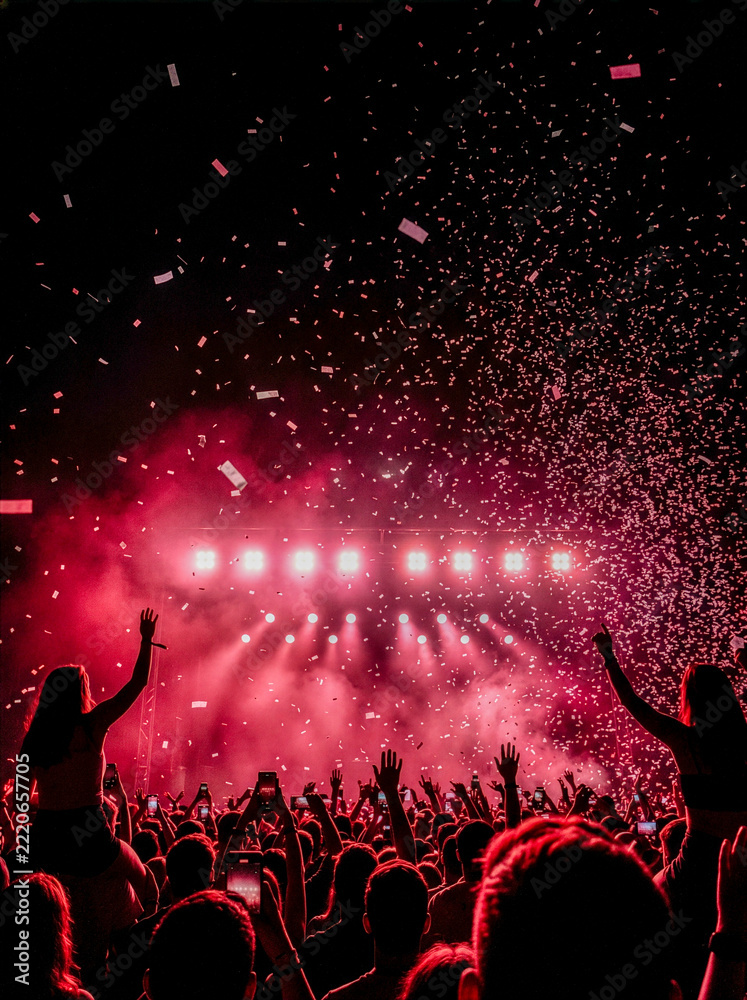 Fototapeta premium Cheering concert crowd with confetti and pink stage lights at night