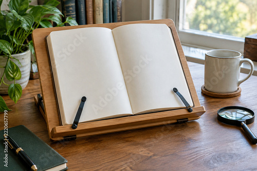 Open blank notebook on an angled wooden reading stand
