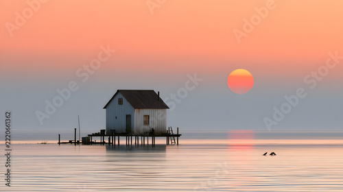 Floating House at Sunset with Beautiful Golden Sky