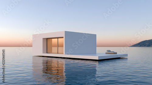 Beautiful White Floating House Surrounded by Calm Water at Sunset