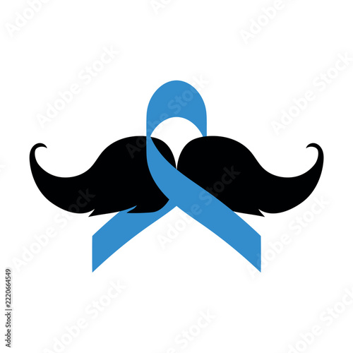 Black moustache and blue awareness ribbon icon vector illustration. Symbol of men's health awareness and Movember movement event in November. 