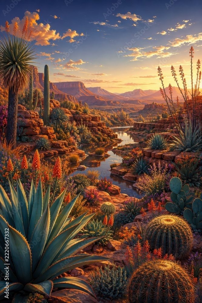 Fototapeta premium Sunset desert oasis illustration with cacti, agave, and canyon