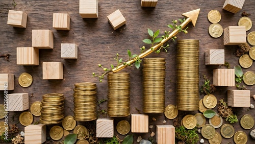Gold Coin Stacks Growing Bar Chart With Golden Arrow Green Leaves Investment