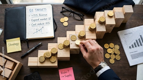 Business Strategy Q1 Targets Wooden Block Stairs Gold Coins Revenue Growth Plan