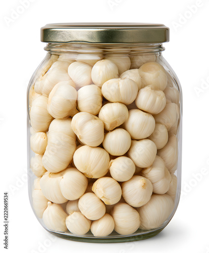 Garlic Cloves Pickled in Brine in a Glass Jar