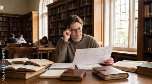 Young male student studying intently with books and notes inside a traditional university library.