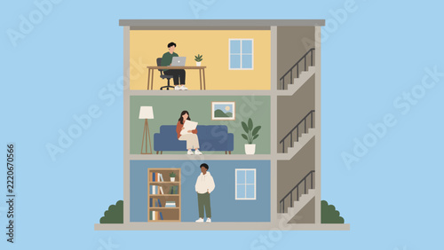 Apartment Building Cross Section Illustration with Neighbors Daily Life Routine at Home