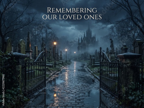 Open wrought iron gate at cemetery entrance with cobblestone path at
