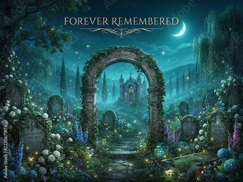 Enchanted cemetery at night with stone archway and glowing fireflies
