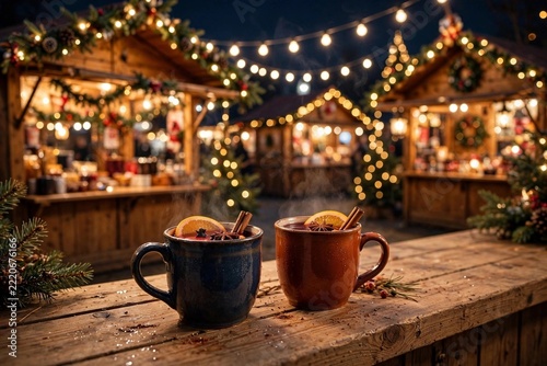Christmas market stalls glowing at night with festive lights and mulled wine