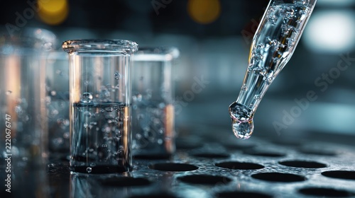 Pipette dripping clear liquid into lab beaker glass.