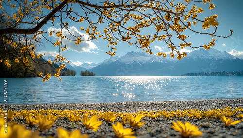 Yellow flowers on sandy beach under blue sky

