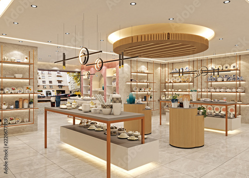 Elegant Retail Store Interior with Ceramic Tableware Display