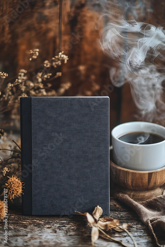 Notebook with black accents and coffee cup, elegant desk arrangement, stylish work essentials.

