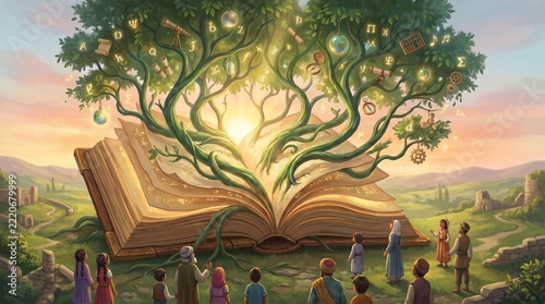 Magical giant open book with a glowing tree growing from the pages and people looking in wonder.