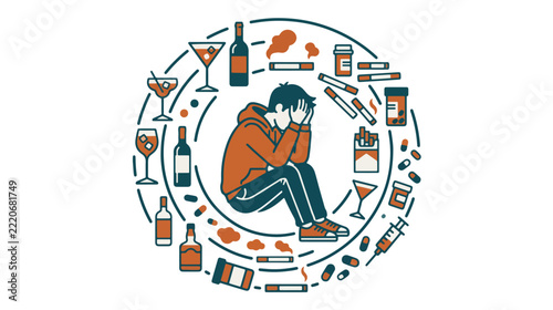The Dangers of Addiction Depicted Through a Young Person Surrounded by Addictive Substances