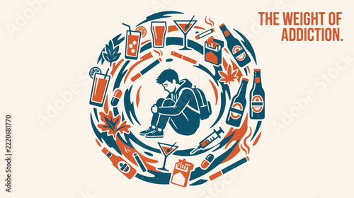 Addiction Prevention Concept with Alcohol, Cigarettes and Drugs in Flat Cartoon Style