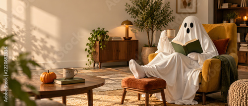 Ghost in armchair reading book and drinking coffee in cozy living room with warm lighting. Halloween theme at home with pumpkin, plants and furniture for seasonal marketing and leisure concept