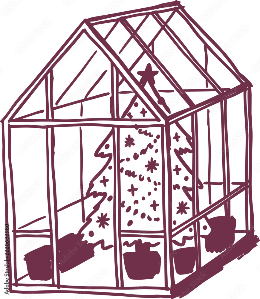 Fototapeta premium Hand drawn christmas tree in glass greenhouse illustration