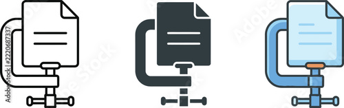 File compression icon set with document clamped in a vice tool in multiple styles