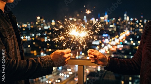 People holding burning sparklers celebrating new year at night