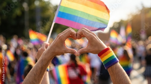 LGBTQ pride parade celebration with people holding rainbow flags high in the air while forming a heart shape with their hands during a sunny outdoor protest march and festival gathering event