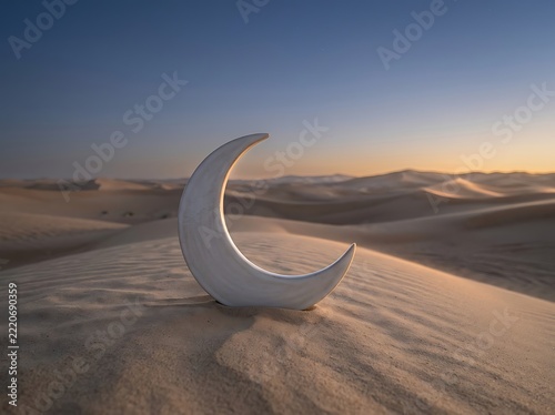 White crescent moon sculpture in desert sand dunes.