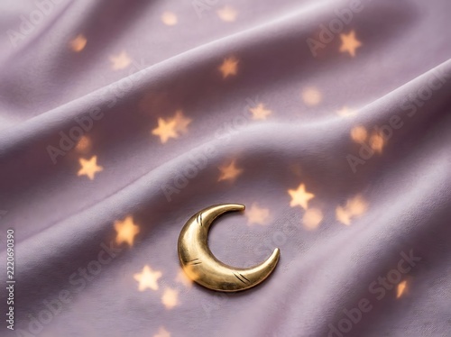 Golden crescent moon on purple fabric with star bokeh.