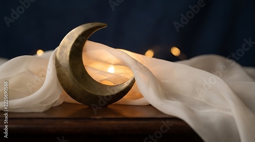 Crescent moon ornament resting on draped white fabric with soft light.