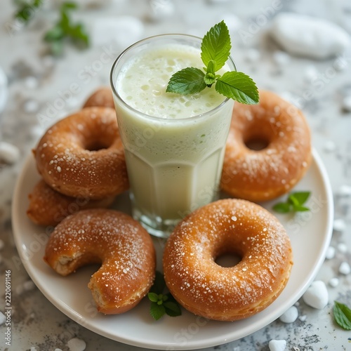 Tasty sugared donuts served on a plate with a tall glass of a milk with mint leave