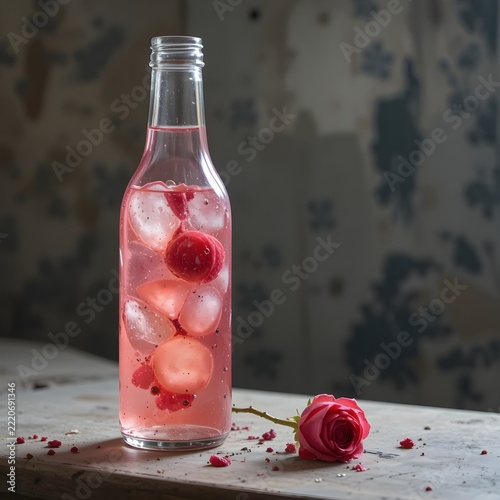 A glass bottle filled with a pink-tinted beverage ice cubes with a rose placed inside it