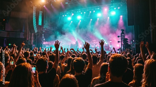 Rock concert crowd with silhouettes of people raising hands and recording videos with smartphones under stage lighting with vibrant teal and magenta spotlights and atmospheric haze in a large music