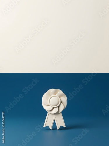 A white 3d rosette ribbon, with layered petals and hanging tails, isolated on a split... decoration