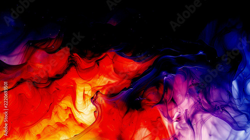 Vibrant abstract fluid background with swirling red, orange, purple, and electric blue colors, resembling molten paint and cosmic smoke against dark shadows for bold artistic and digital compositions.