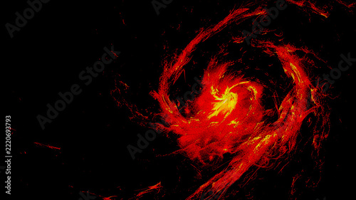 Dramatic red cosmic vortex with a glowing spiral core, fiery orange particles, and sweeping energy trails on a deep black background, creating an explosive galaxy-inspired abstract design.