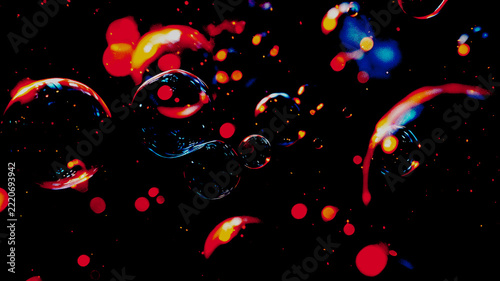 Vivid abstract liquid background with red, orange, and blue floating droplets, glossy spheres, and scattered luminous particles on black