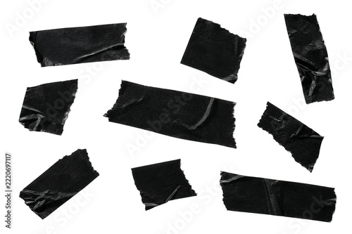Set of black adhesive sticky tape strips - Tapes in different positions - Ripped off tape with rough or ripped edge - Transparent background Isolated