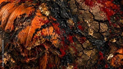 Abstract Orange and Black Paint Background with Red Splatters