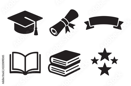 Graduation symbols including cap diploma books and stars in black