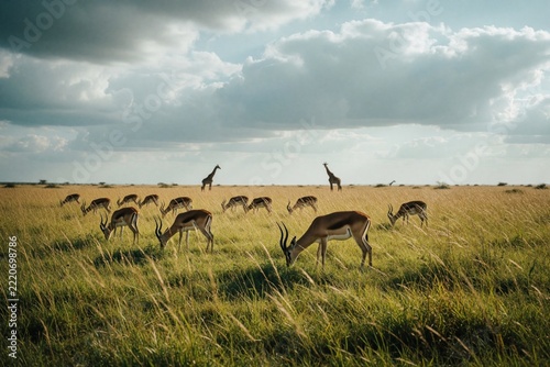 Herd of impala antelopes graze in African savanna grass. Wild animals roam wide grassland under cloudy sky. Two giraffes stand far in background. Nature landscape shows wildlife in Kenya safari park