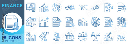 Finance icon set outline color style for financial management, investment, budgeting and business analysis